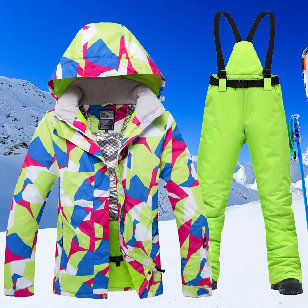 

Новинка 2021, теплый яркий лыжный костюм, женский водонепроницаемый ветрозащитный комплект из куртки и брюк для катания на лыжах и сноуборде, ...