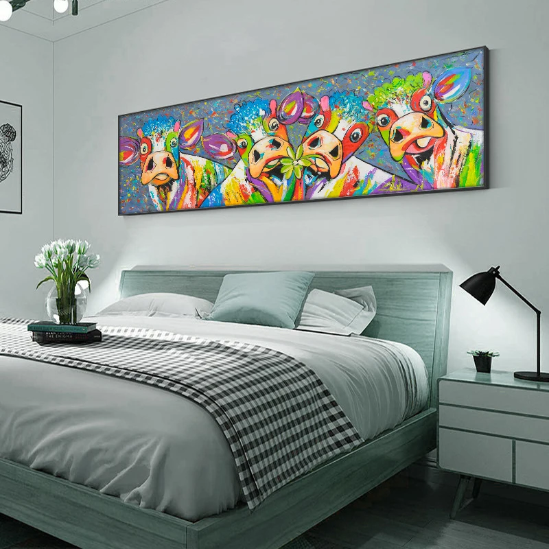 100% Hand Painted Oil Paintings Abstract Colorful Cow On Canvas Modern Wall Art Pictures For Living Room Home Decor Best Gift | Дом и сад