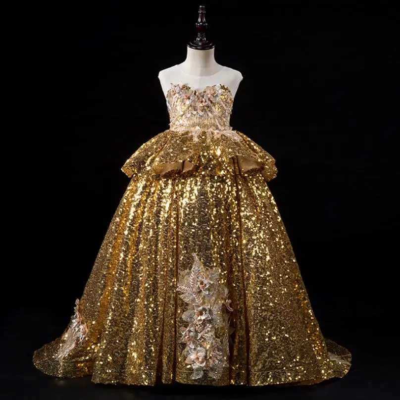 New Luxury Gold sequin flower girl dress Sleeveless High-end show princess gown Modis Kids Wedding Party Dress Vestidos Y2035 |