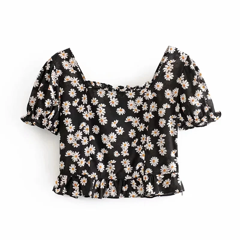 

2020 Women Sweet Daisy Printed Ruffles Short Blouse Vintage Fashion Square Collar Short Sleeve Shirts Girls Chic Tops