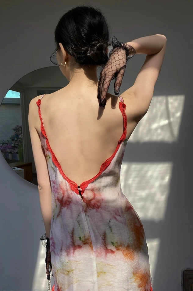 

Kimotimo Sexy Floral Sling Dress Korean Chic Design French Style Vintage Advanced Temperament Tender Fairy Print Skirt Summer