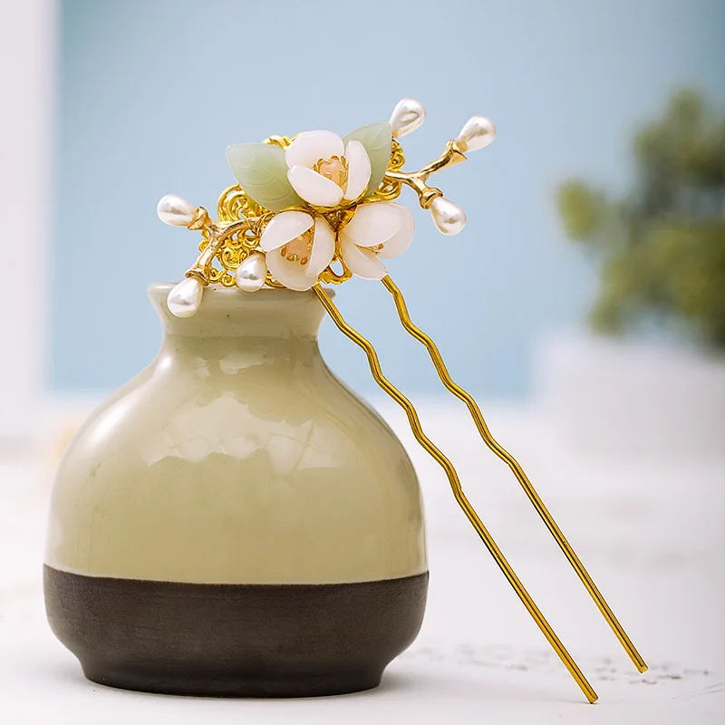 

Chinese Vintage Gold Color Hairpin Flower Handmade Pearl Hair Forks Gold Hair Sticks Women Hair Headdress Accessories XH