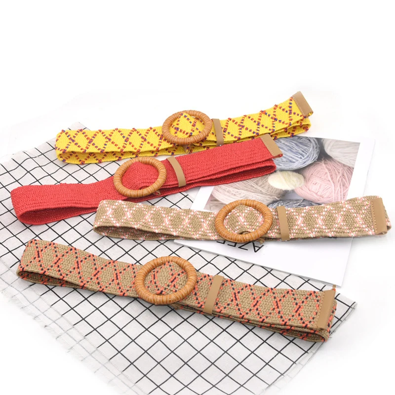 

Summer Women Braided Elastic Belt Round Square Wooden Buckle Vintage Bohe Straw Buckle Belt Women Knitted Belt Dress Belt