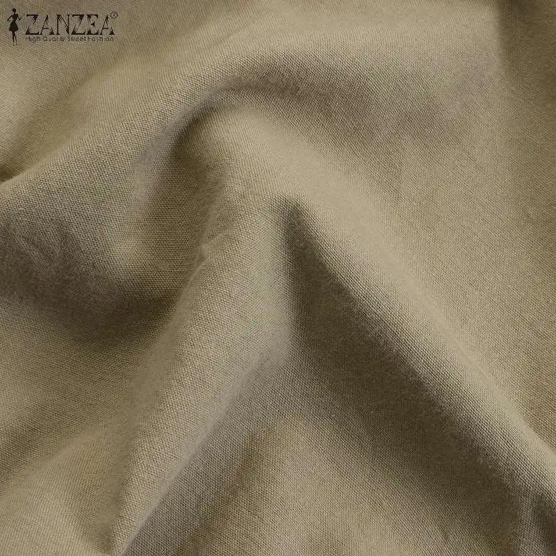 

Womens Casual Solid Drawstring Pullover ZANZEA 2021 Spring V Neck Blusa Female Puff Sleeve Blouses 5XL Elegant Cotton Linen Tops