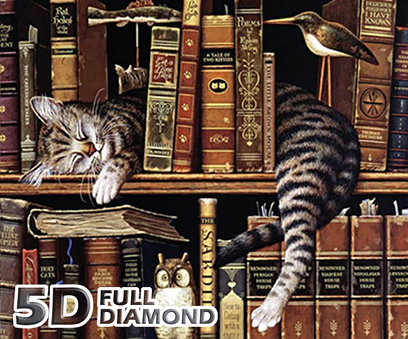 WUJIE DIY 5D алмазная картина полная дрель милый кот книжная полка крестиком Гостиная