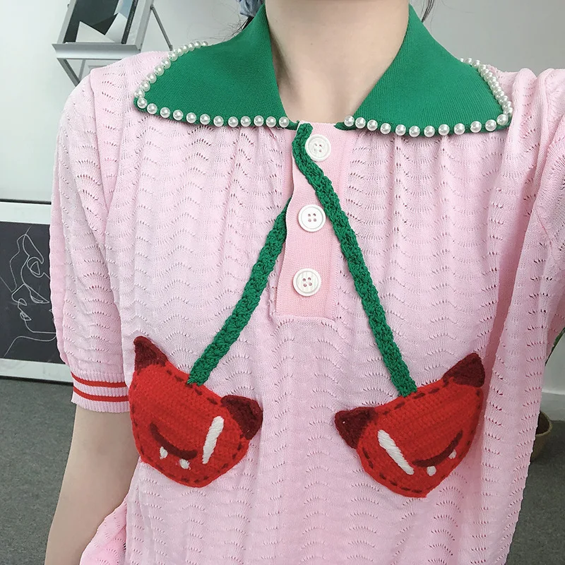 

SAYTHEN Summer 2021 New Women's Hand-Embroidered Demon Cherry Retro Pearl Hit Color Lapel All-Match Knit Short-Sleeved T-Shirt