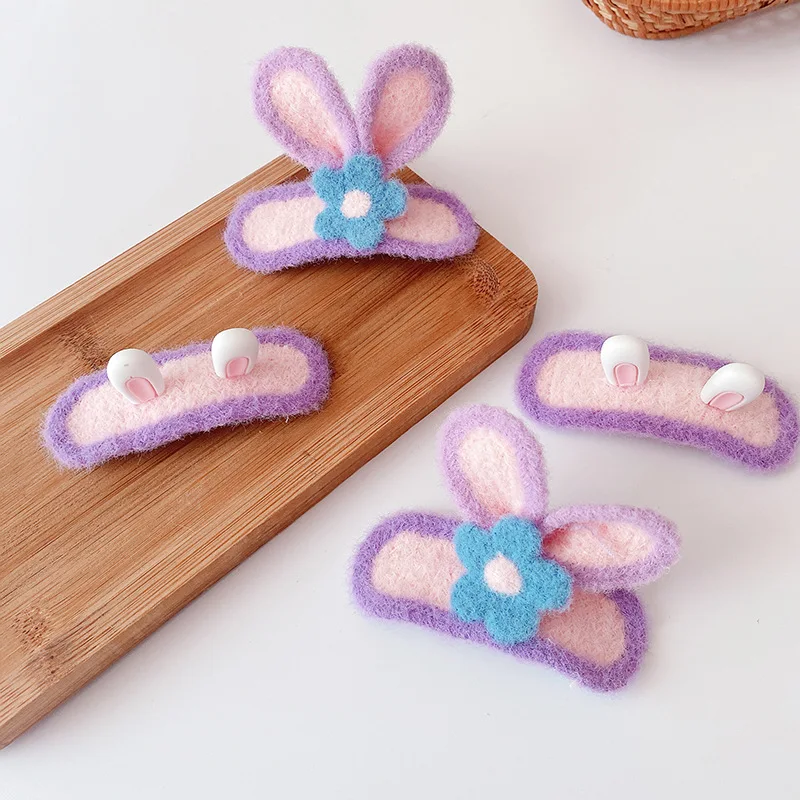 

Hot Selling New Fashion Super Cute Sweet Purple Pink Plush Rabbit Children Hair Clips for Girls