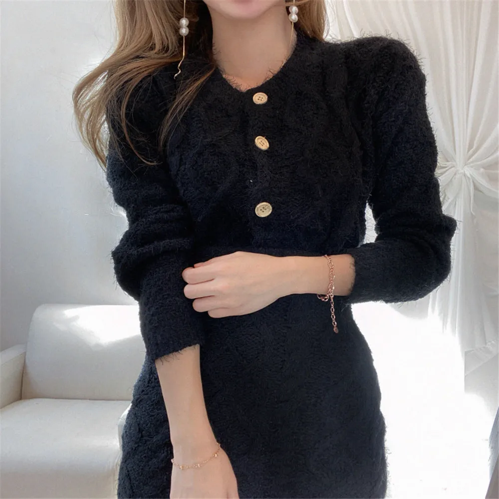

Korean Two Piece Set Women Fashion All-match Single-breasted Cardigan Sweater Tops High Waist Knitted Skirt Suit NS2447