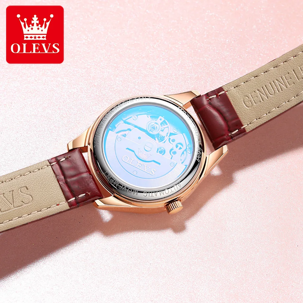 OLEVS Women Watches Luxury Brand Ultra-thin Calendar Week Mechanical Watches Ladies Leather Strap Waterproof Gift reloj muje+Box enlarge