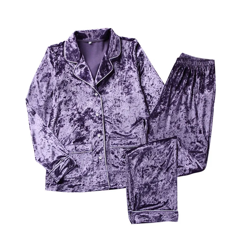 

Purple Velvet Pajamas Women Sets Long Sleeve Home Suit Sleepwear Casual Warm Lounge Wear Double Pockets Female Set