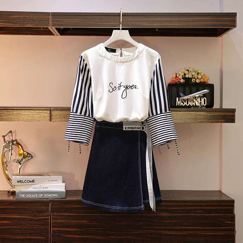 

Fat Size Female Dress Fat Sister Fashion Printed Top + Jean Half-length Skirt Two-piece Set In Autumn 2019