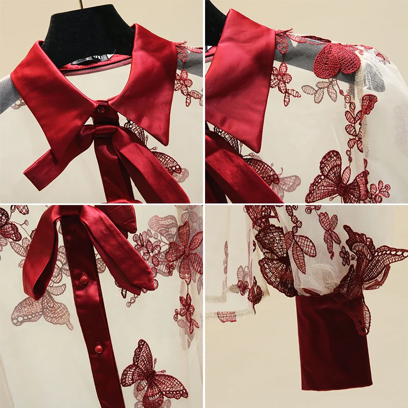 Женская шифоновая блузка с вышивкой в виде Красной бабочки рубашка длинным