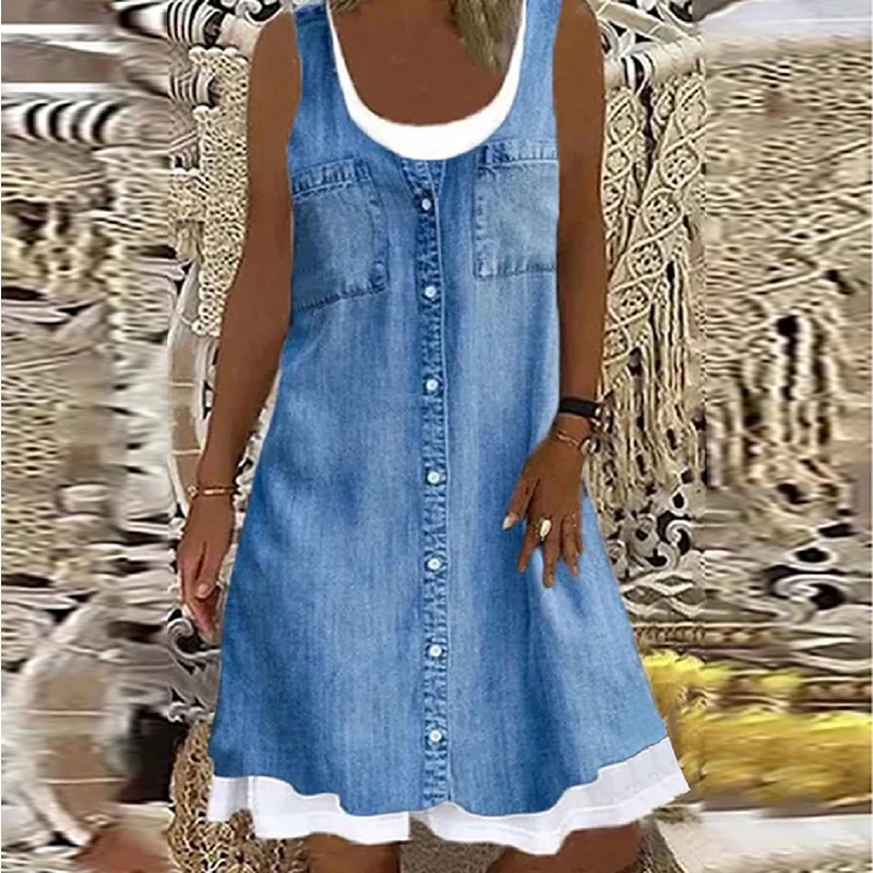 

Summer Casual Women Loose Denim Style Dress Oversized 4XL Round Neck Solid Beach Dress Lady Sleeveless Hollow Outdoor Slim Dress