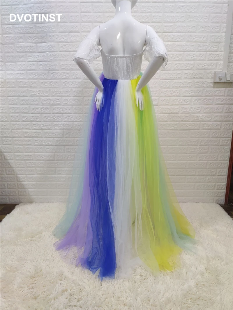 

Dvotinst Photography Props Maternity Off-shoulder Rainbow Mesh Elegant Dresses Photo Shooting Pregnancy Dress Studio Photo Prop