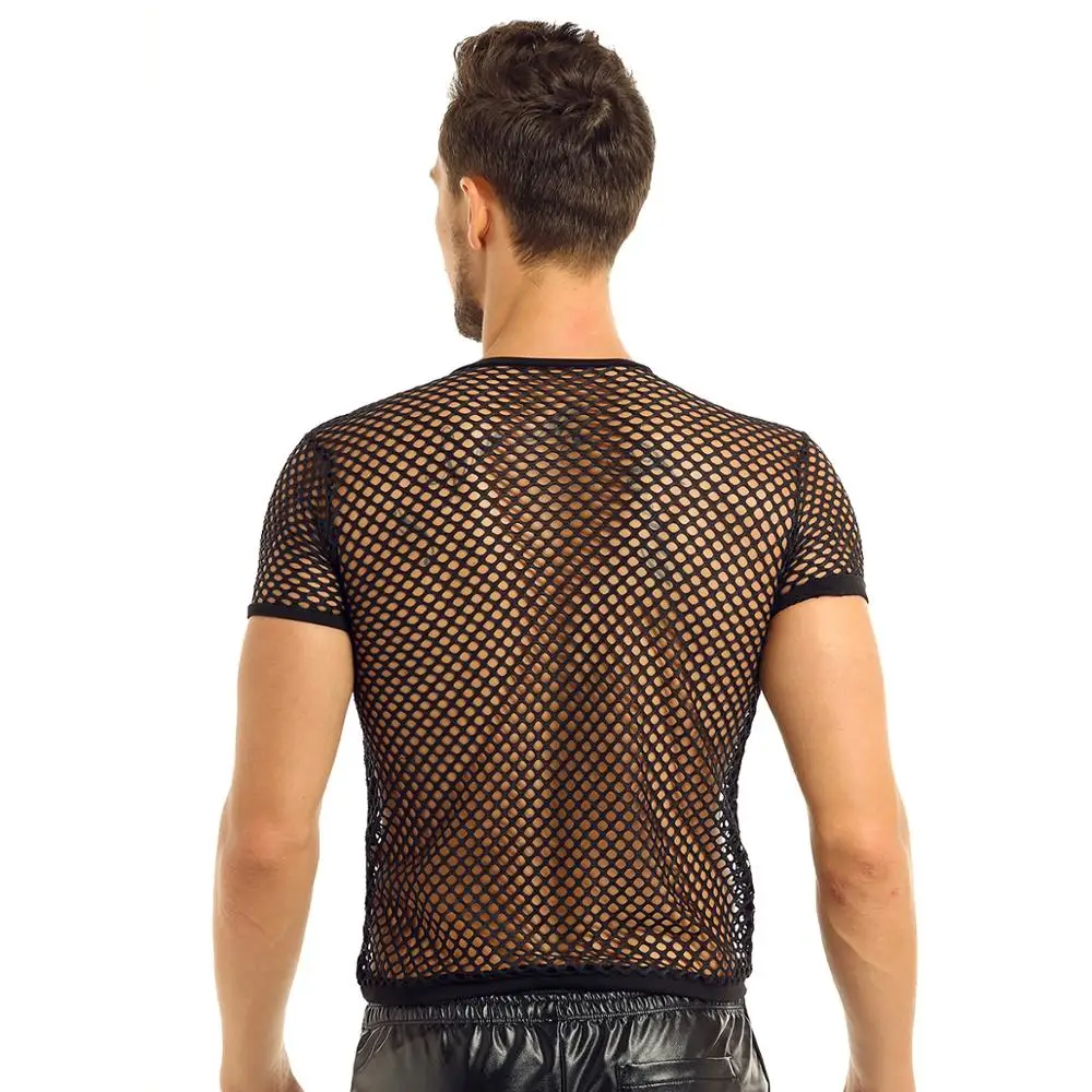 Мужская сексуальная сетчатая Прозрачная Футболка Модные ажурные футболки с