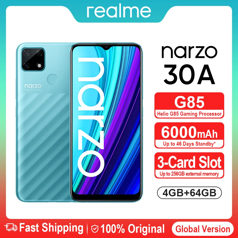 Перейти на Алиэкспресс и купить Промо код 【750₽-150₽:Ucenka251】Realme Narzo 30A смартфон 4 Гб 64 Гб 6,5 ''MTK Helio G85 смарт-телефон с двумя слотами Камера 6000 мА/ч, полноэкранный 18 Вт Android мобильн...