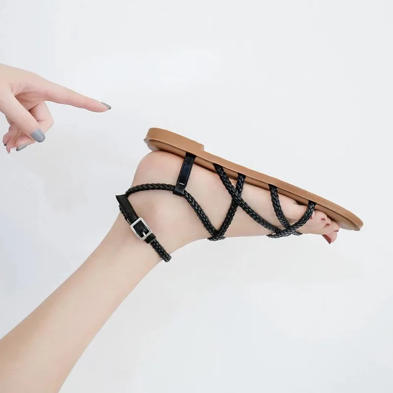 

BEYARNEBohemia Weave sandals ladies beach cross-tied gold gladiator shoes woman summer strap flats flipflops casual comfy zapato