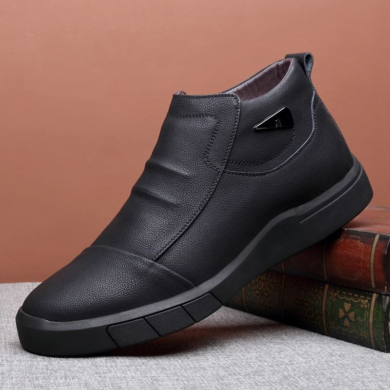 grain leather Зимние ботинки из спилка мужские повседневные Нескользящие ботинки на овечьем меху износостойкая теплая обувь с высоким берцем в британском стиле M6001 - Цвет: grain leather