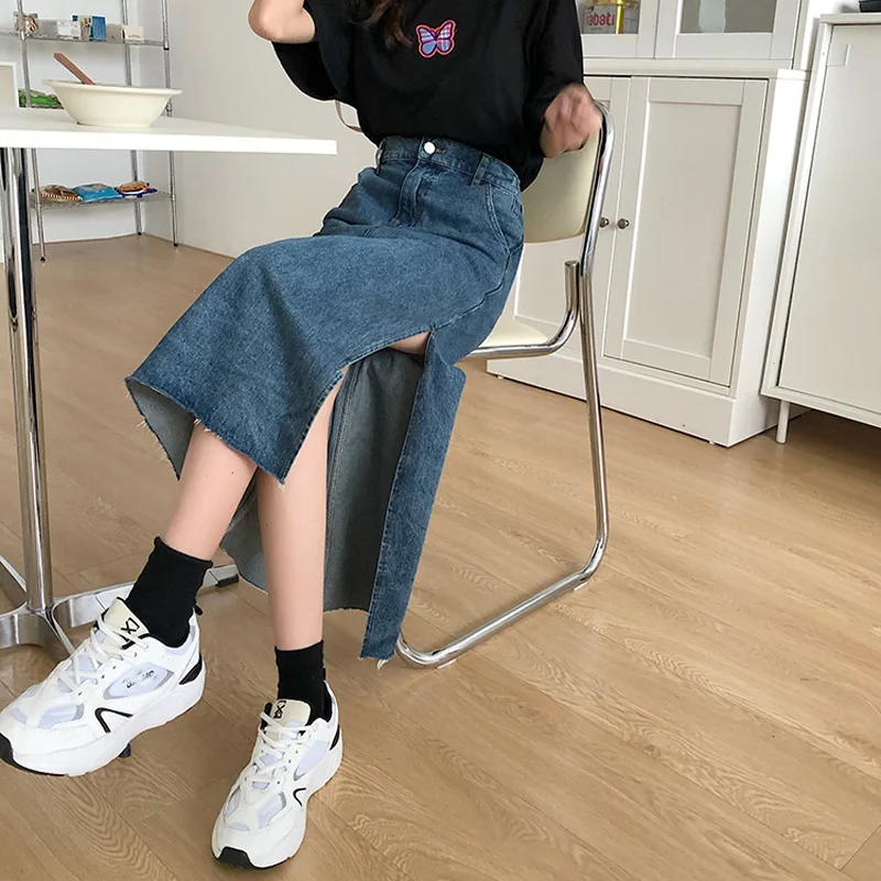 

Womens Denim Jeans High-waisted Slit Female Ladies A Line Skirt All-match Vintage Wash Fashion Office Lady Mid Calf Length Skirt