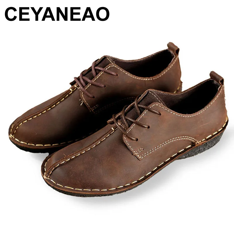 

CEYANEAO 2018 женские зимние весенние туфли со шнуровкой повседневные однотонные базовые ручной работы из первого слоя кожи Модные с круглым нос...