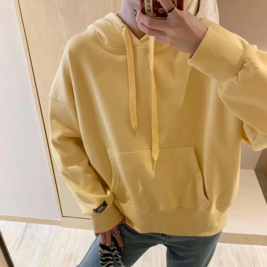 

2021 Spring Autumn New Korean Women Hoodie Top Casual Fashion Simple Sleeve Labeling Sweatshirt Loose Solid Pullover Hoodie