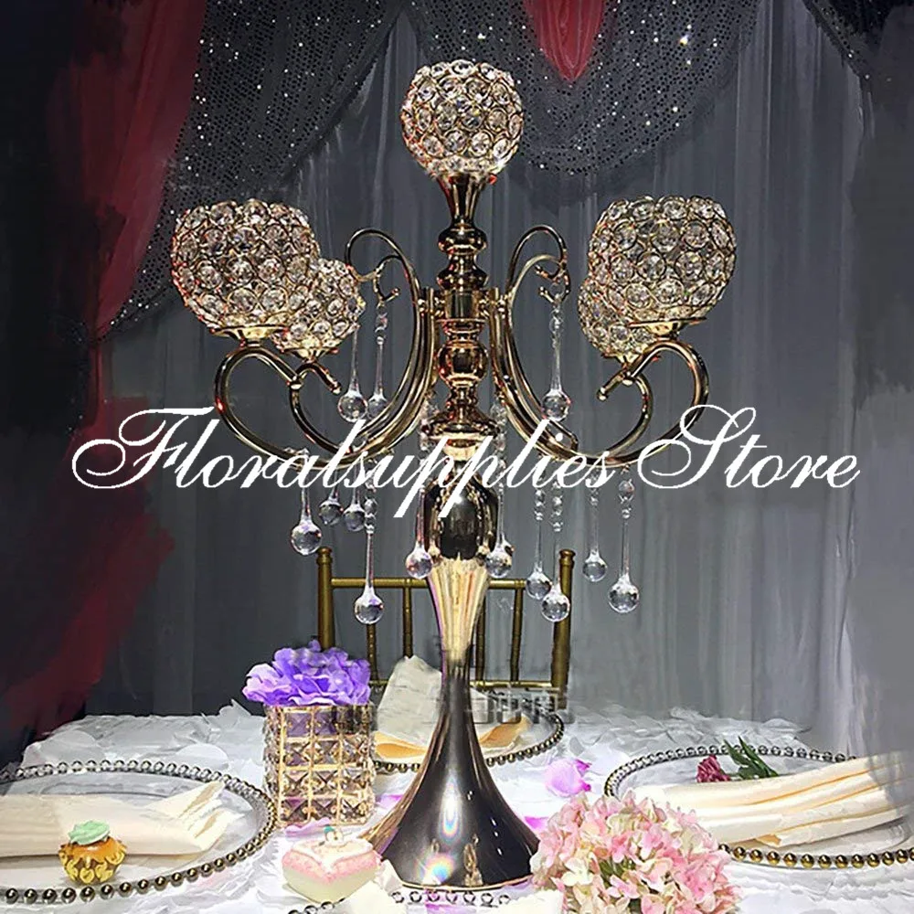 

5 arm Gold Crystal Candelabras Tea Light Metal Candle Holder 65cm Tall Candle Holder wedding Centerpiece Table Stand