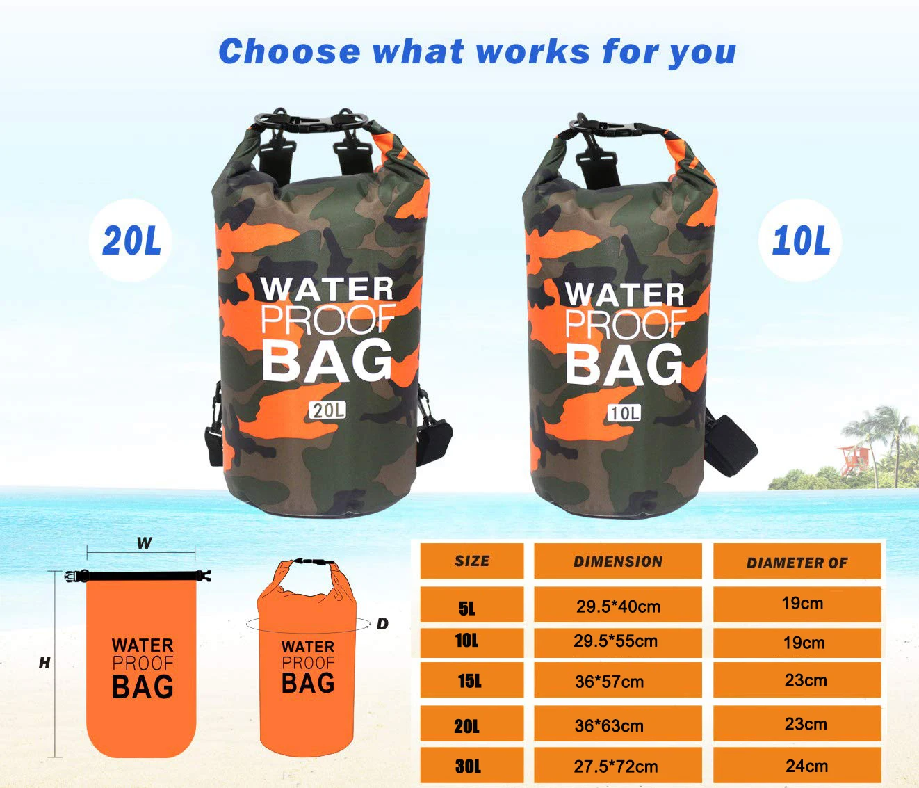 PVC Waterproof Dry 5L 10L 20L 30L Camo Outdoor Diving Foldable Man Women Beach Swimming Bag Rafting River Ocean Backpack