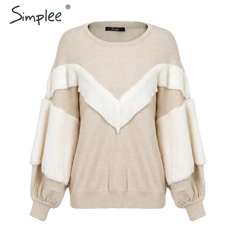 Женский свитер Simplee теплый пуловер с пэчворком из искусственного меха и рукавами