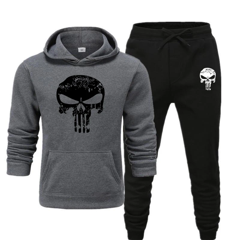 

2 Pieces Sets Tracksuit Men Skull Brand Autumn Winter Hooded Sweatshirt +Drawstring Pants Male Sport Hoodies Running Sportswear
