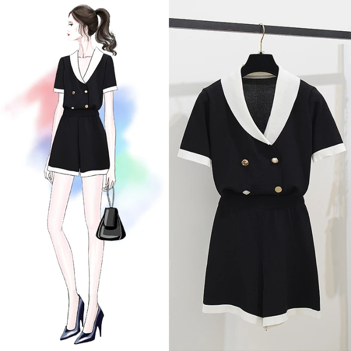 

Actual Autumn Loose Slender Double-breasted V-neck Top + Fashion Broad-legged Short Pants Knitted Suit Two-piece Suit