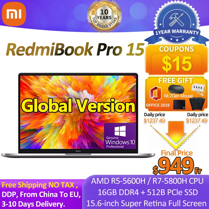 Глобальная версия Xiaomi RedmiBook Pro 15 ноутбук AMD Ryzen R5 5600H/R7 5800H 16 ГБ 512 SSD 3 2 K экран Win10 Mi