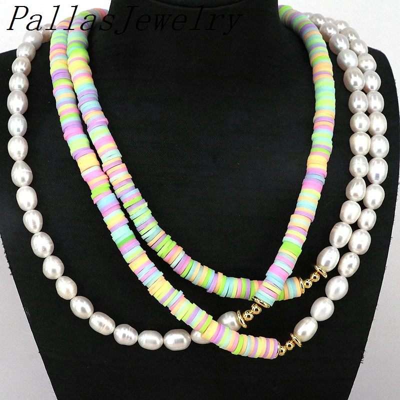

5Pcs Popular Clay Heishi Necklace, Polymer Clay With Freshwater pearl Beads Summer Choker Necklace for Women