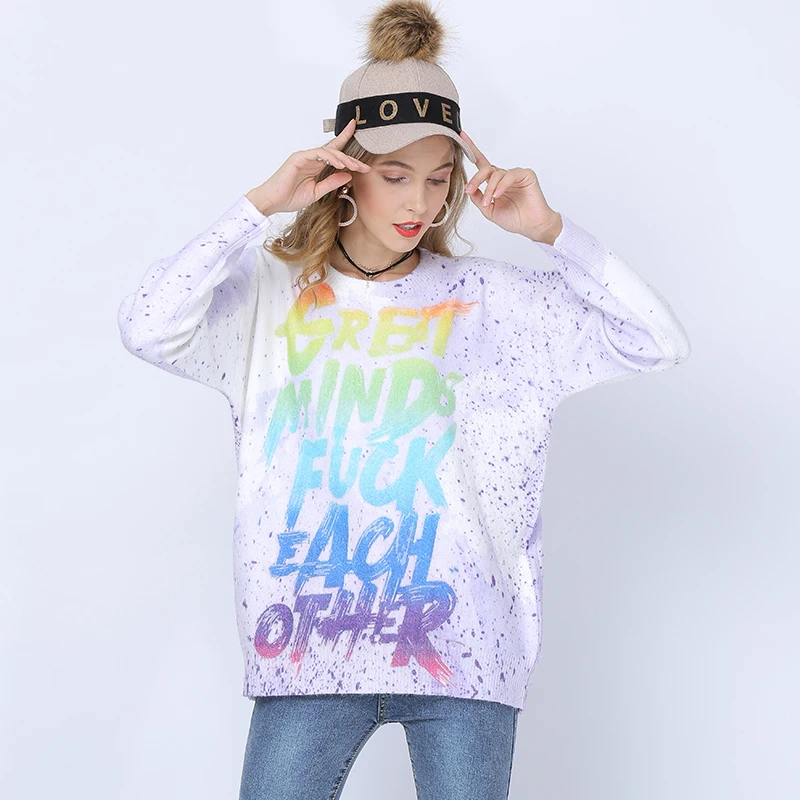 Women's Pullovers Sweater Oversized Letter Print O Neck Loose Knitted Sweaters Womens Clothes Tops Sueter Mujer Invierno | Женская
