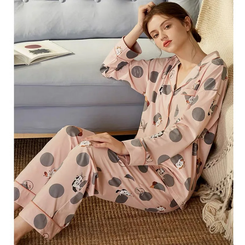 Women Cotton Pajamas Sets Autumn Cute Cat Print Long Sleeve Sleepwear Female Tops+Pants Pajamas Suit Lovely Home Clothes ouc505