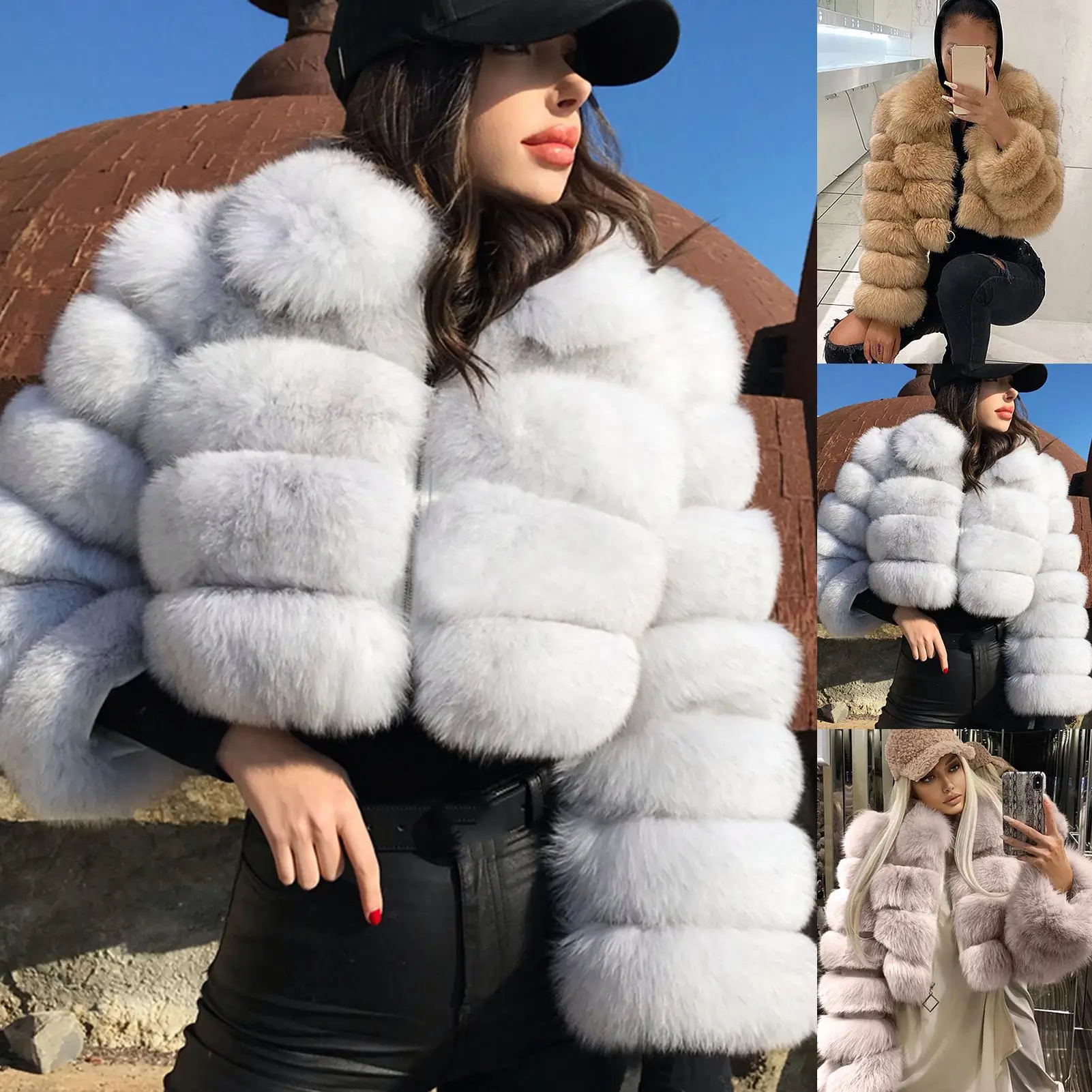 

Women Winter Turn Down Collar Long Sleeve Zipper Faux Fur Short Coat Jacket