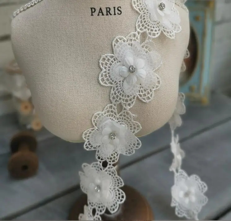 10 Yards Ivory Lace Fabric Wedding Dress Applique Rhinestone Guipure Flower Trim DIY Accessories 5cm Width | Дом и сад