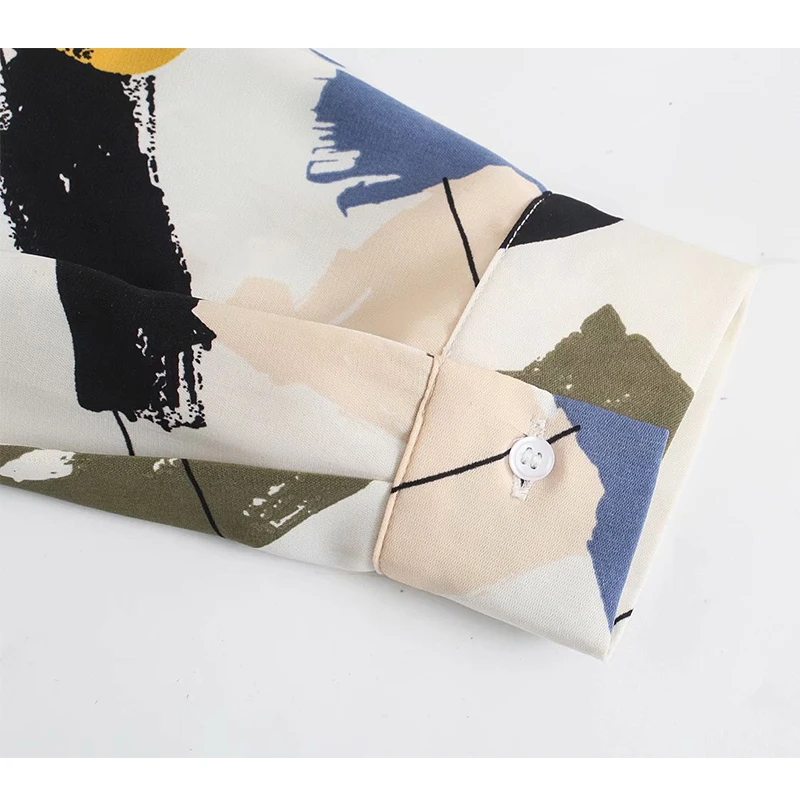 

2021 Summer Women Bow Blouse Graffiti Printed Long Sleeve Shirts Office Lady Female Top Single Breasted Bow Collar Blouses