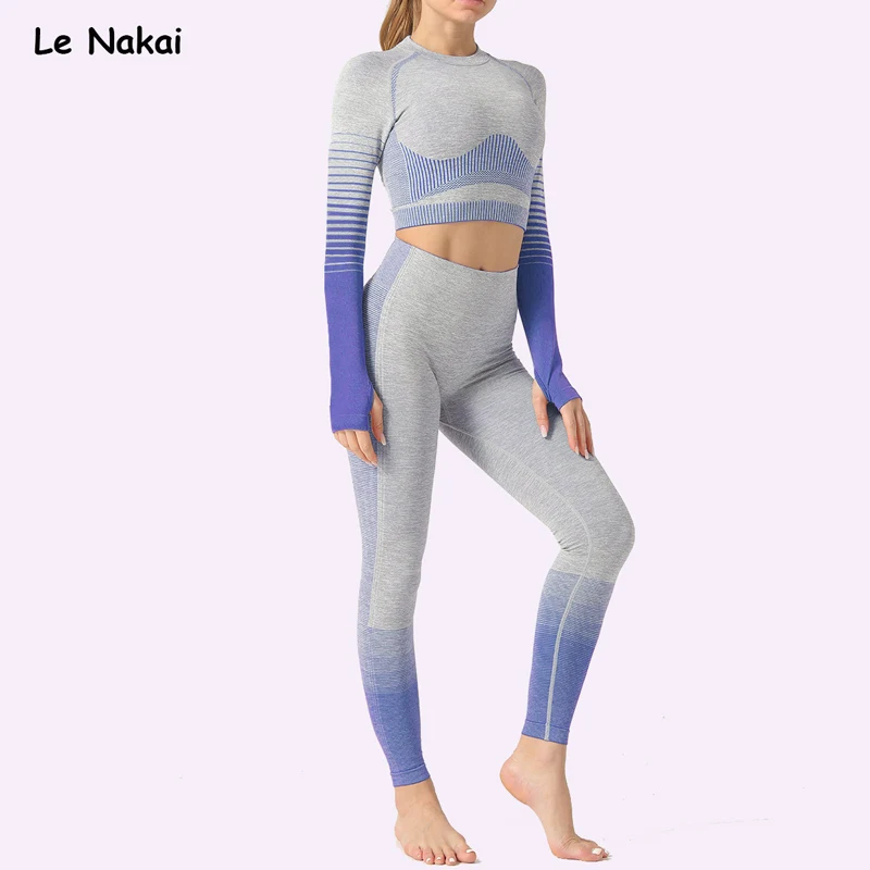 

2 Pcs Seamless Workout Clothes For Women Long Sleeve Yoga Set Crop Top Sport Suit Workout Sportswear Gym Fitness Outfit Clothes