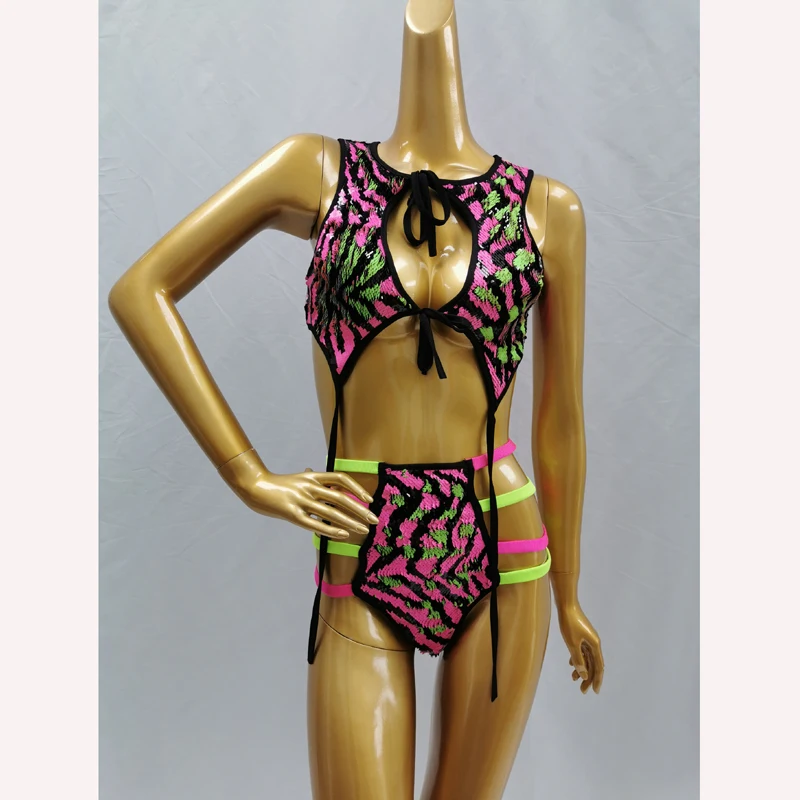 Mix Sequin Embroidery Glitter Embellished Bikini Swimsuit Set Women 20 EDC Dress Rave Cosplay Costumes Carnival Party | Тематическая