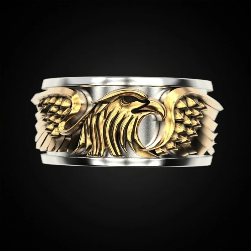 

High Quality Carbide Gold Color Plated 3D Male Eagle Spread Ring Men's Hip Hop Punk Viking Jewelry Ring Size 7-13