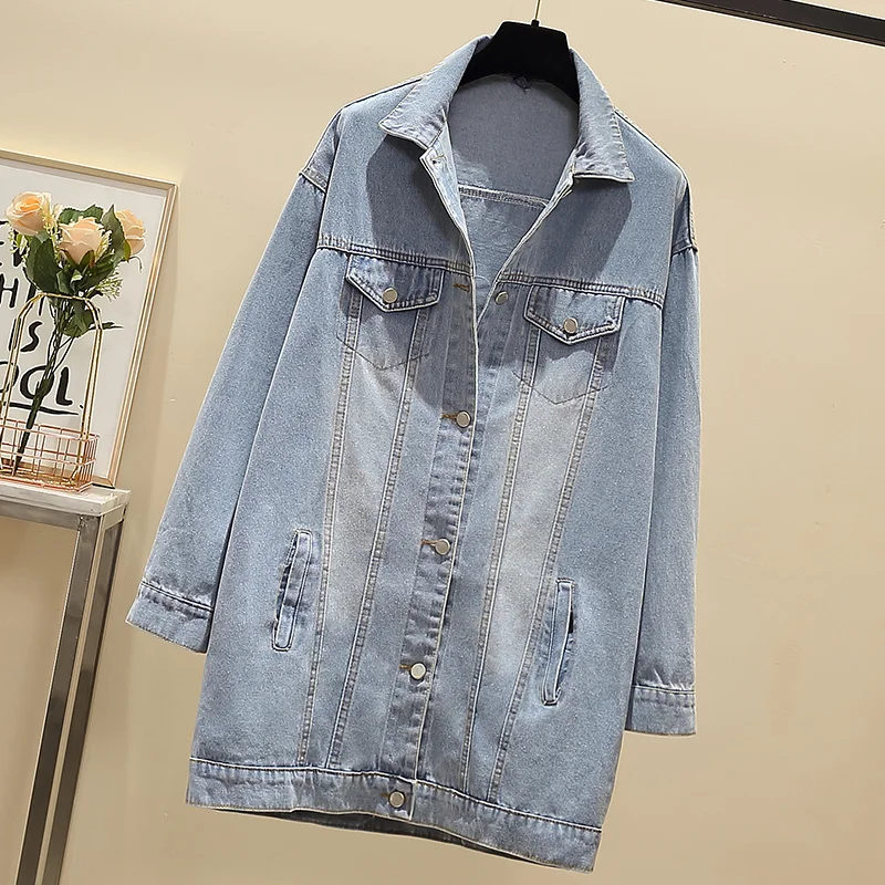 Женская джинсовая куртка размера плюс 5XL Повседневная Длинная однобортная синяя