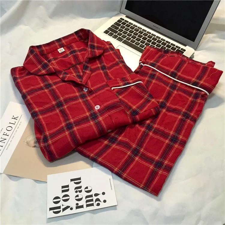 red Пижамы для мужчин и женщин, милые, свежие, с отворотом, пижамы для пар, весенний и осенний костюм, с длинным рукавом, брюки, в клетку, для дома - Цвет: red