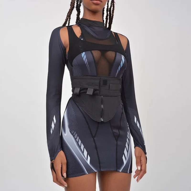 

Echoine 2 Piece Set Sheer Mesh Patchwork Off Shoulder Mini Dress Autumn Long Sleeve Punk Dresses Party Clubwear Outfits Y2K