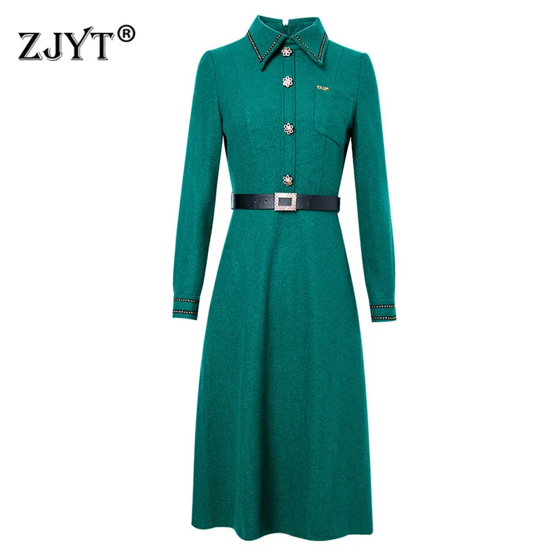 

Super Quality Long Sleeve Turn Down Collar Woolen Dress Autumn Winter Robe Elegant Office Lady Vestidos Plus Size Women Clothing