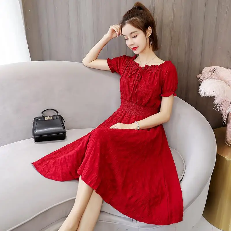 

2021 summer new dress Lantern Sleeve waist show thin temperament very fairy short sleeve Fashion Chiffon Dress