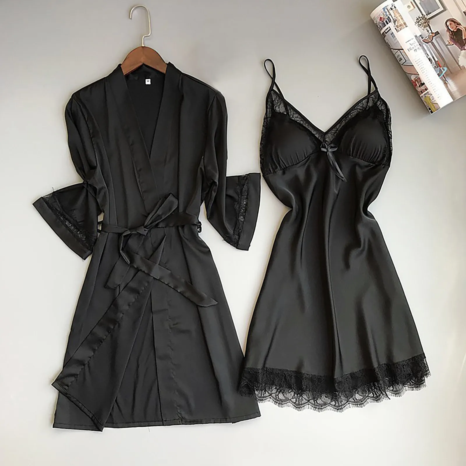 

2PCS Women's Nightie Plus Size Sleepwear Women's Nightwear Soft Silk Satin Nightgown Sexy Lingerie Straps Black Female Underwear