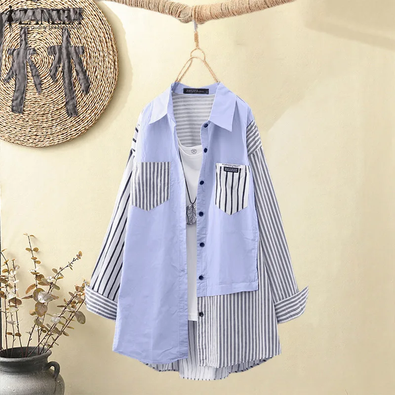 

Женская винтажная полосатая рубашка в стиле пэчворк ZANZEA 2022, Весенняя рубашка, повседневные блузы с отворотом и длинным рукавом, хлопковые т...