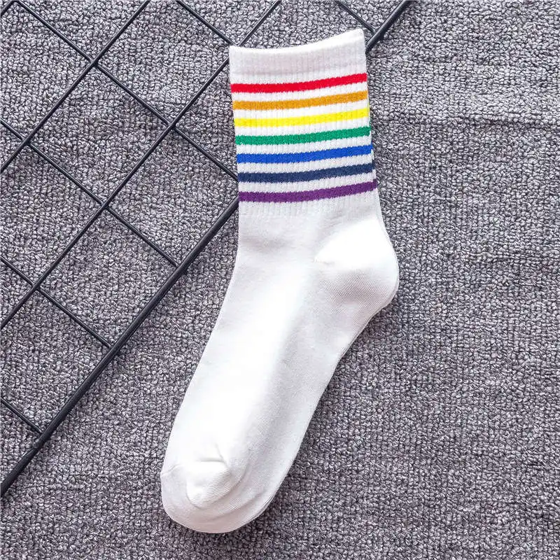 White 7 Stripe Зимние женские носки хлопковые радужные полосатые носки рождественские Модные теплые рождественские повседневные женские носки harajuku корейские - Цвет: White 7 Stripe