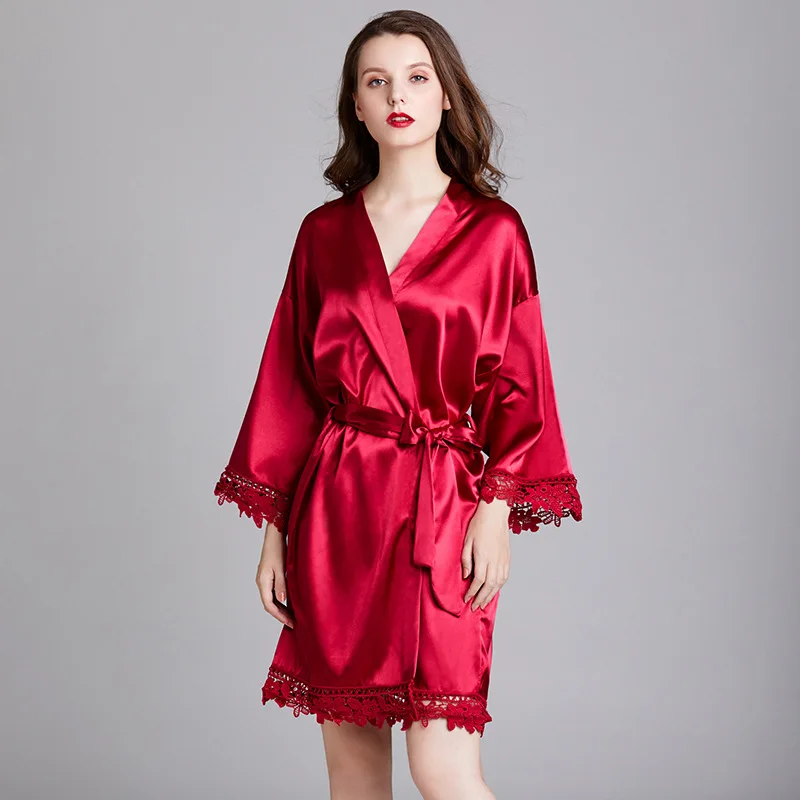 

Bride Sexy Kimono Gown Bridesmaid Wedding Robe Lace Patchwork Sleepwear Women Satin Silk Bathrobe Nightgown Loose Lingerie