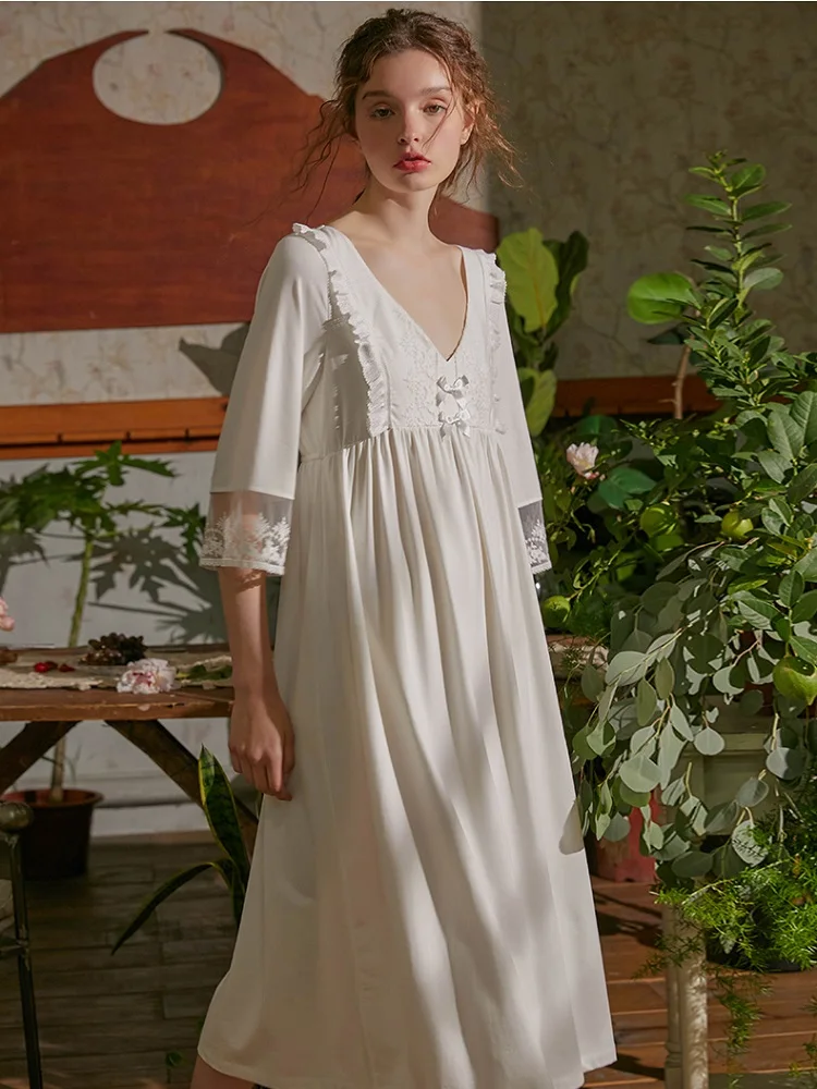 Винтажная элегантная женская одежда для сна Женская белая кружевная длинная